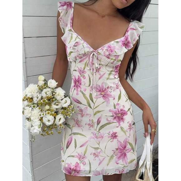 Dresses & Skirts - MainGRL Pink Floral Patchwork Ruffle Hem Mini Dress,Cottage Core